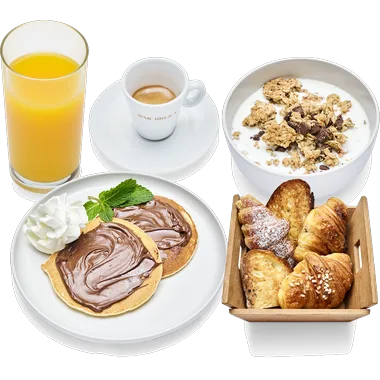 Caffè o cappuccino + Latte a scelta, cereali e frutta secca o cioccolato + Spremuta + Pancake a scelta + Cestino Pane e cornetti piccoli, vasetti di marmellata (frutti rossi, albicocca)*